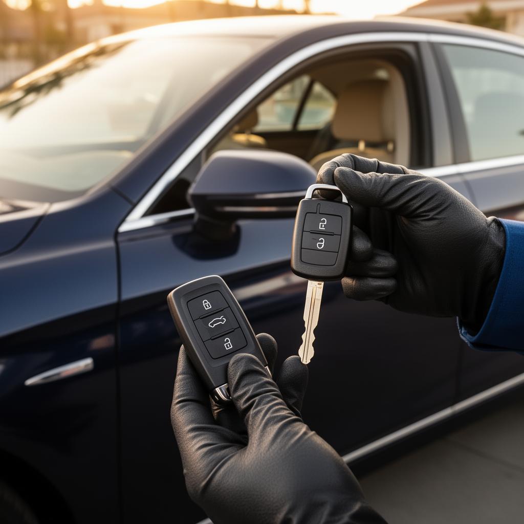 Auto locksmith holding newly cut car keys beside a vehicle